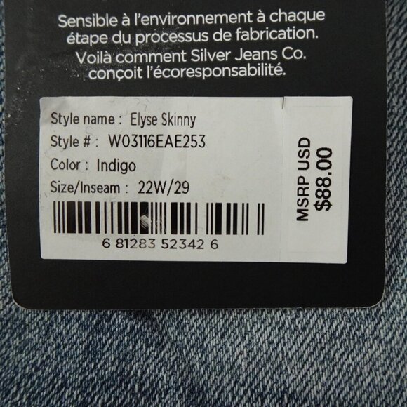 Silver Jeans Elyse Skinny Leg Women's Plus Size 22 Blue Denim Stretch Distressed - Picture 10 of 13